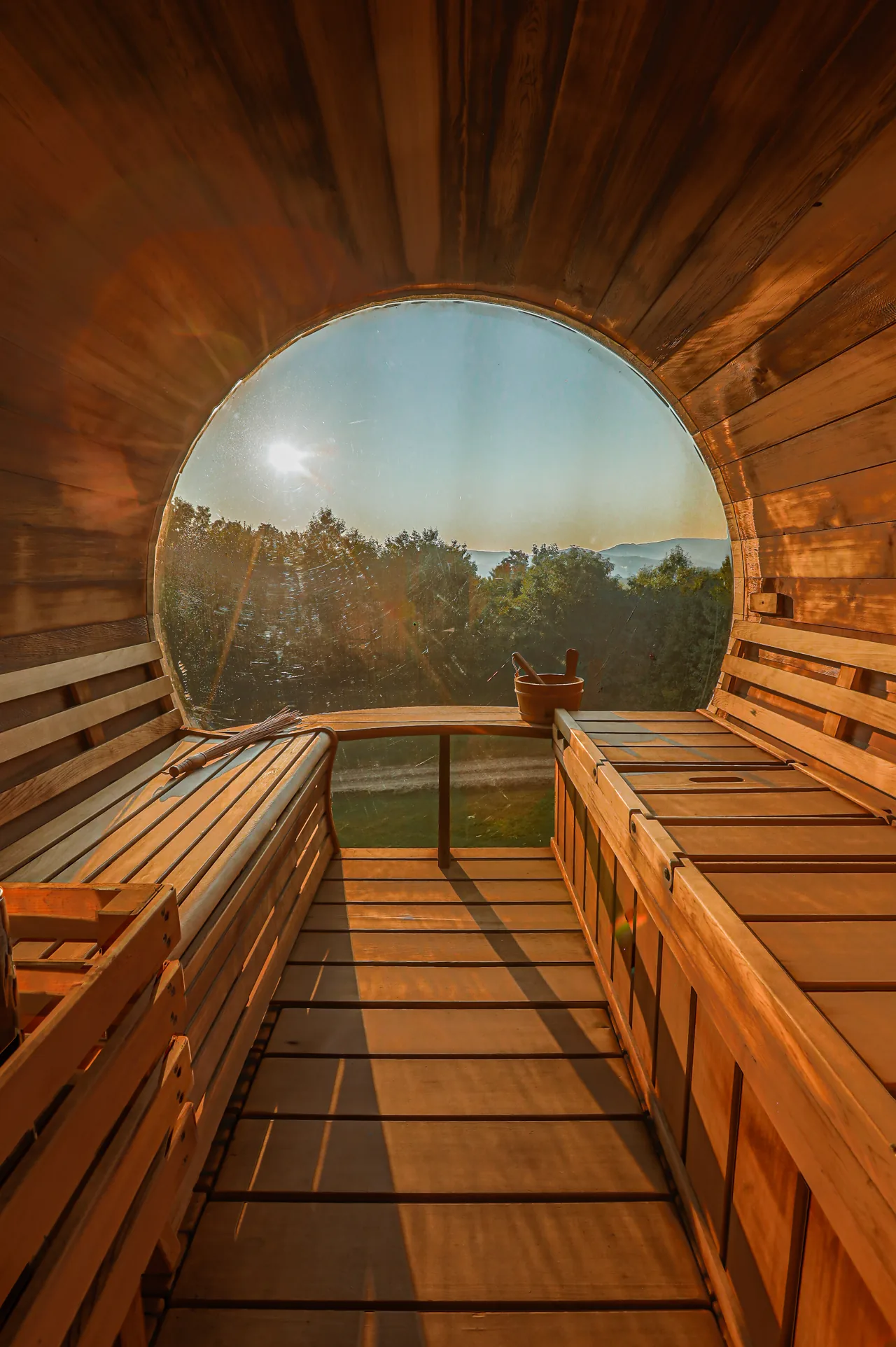 Panoramic view through the sauna window