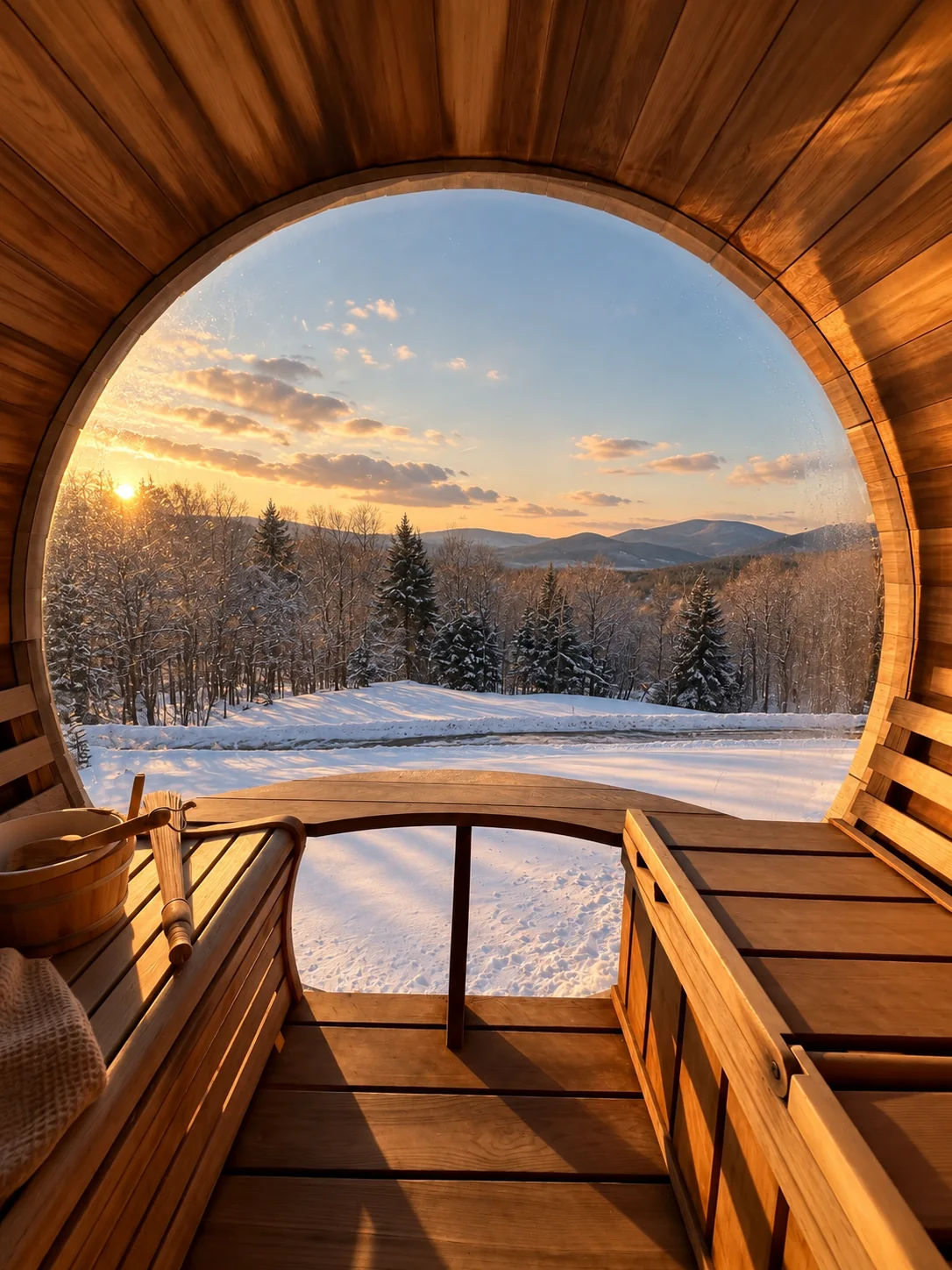 Sunset over snowy mountains through the sauna window